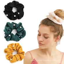 Wholesale Korean Fashion High Elastic Hair Bands Pearl Hair Scrunchie Silk Velvet Nylon Hair Ties